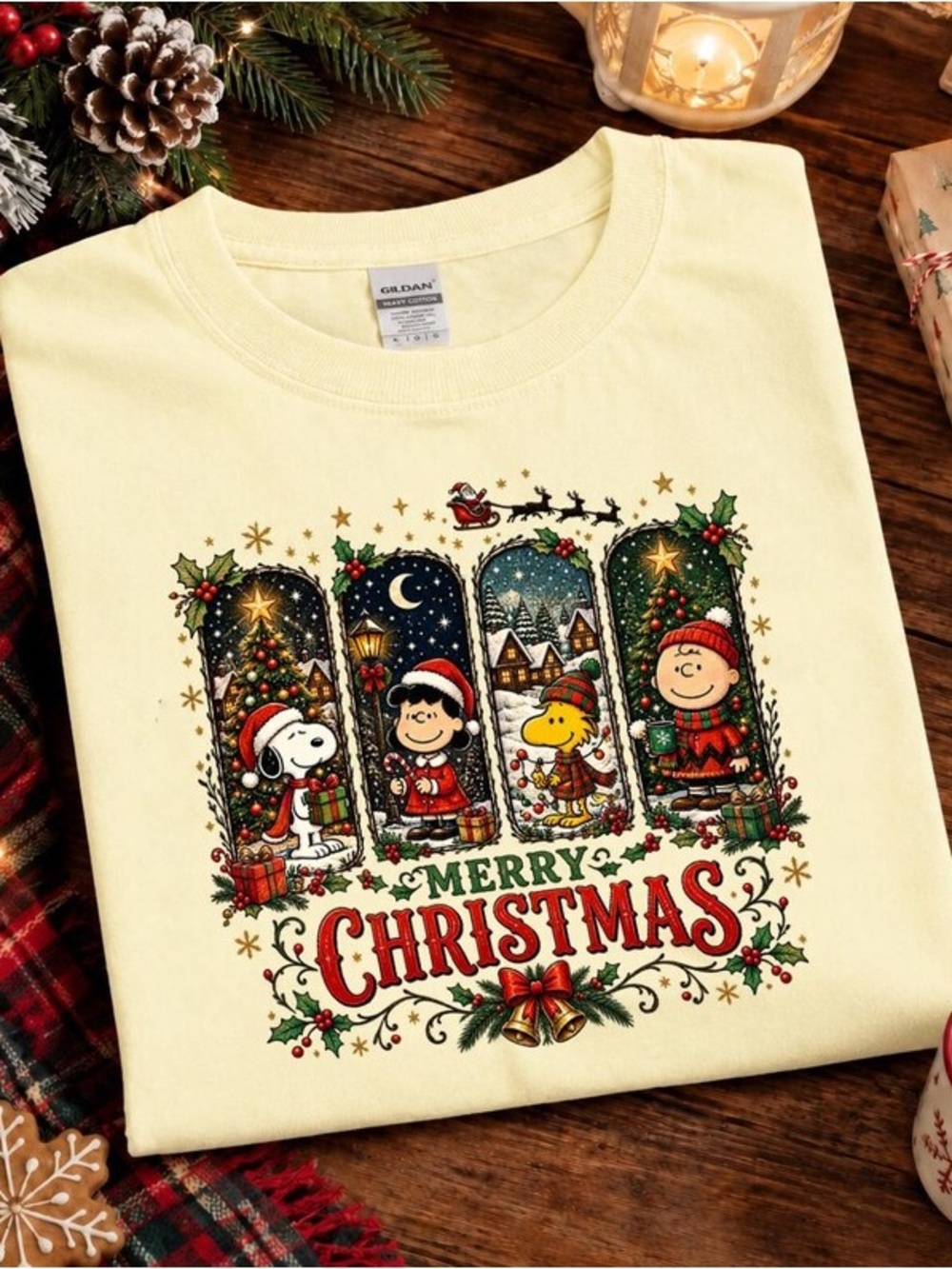 Merry Christmas Vintage Comic Beagle Holiday Scene Graphic Tee